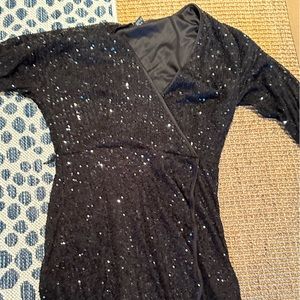 Cute black sparkle sequin dress- long sleeves with flared skirt / faux wrap